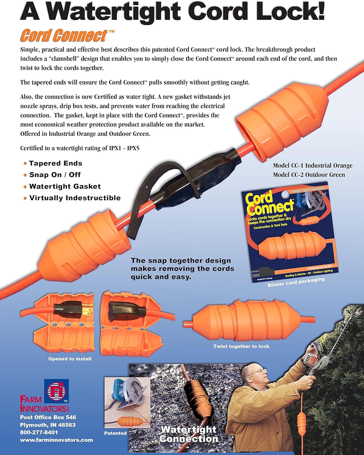 FARM INNOVATORS INC Farm Innovators Model CC-2 Connect Water-Tight Cord Lock-Green : Extension Cords : Garden & Outdoor