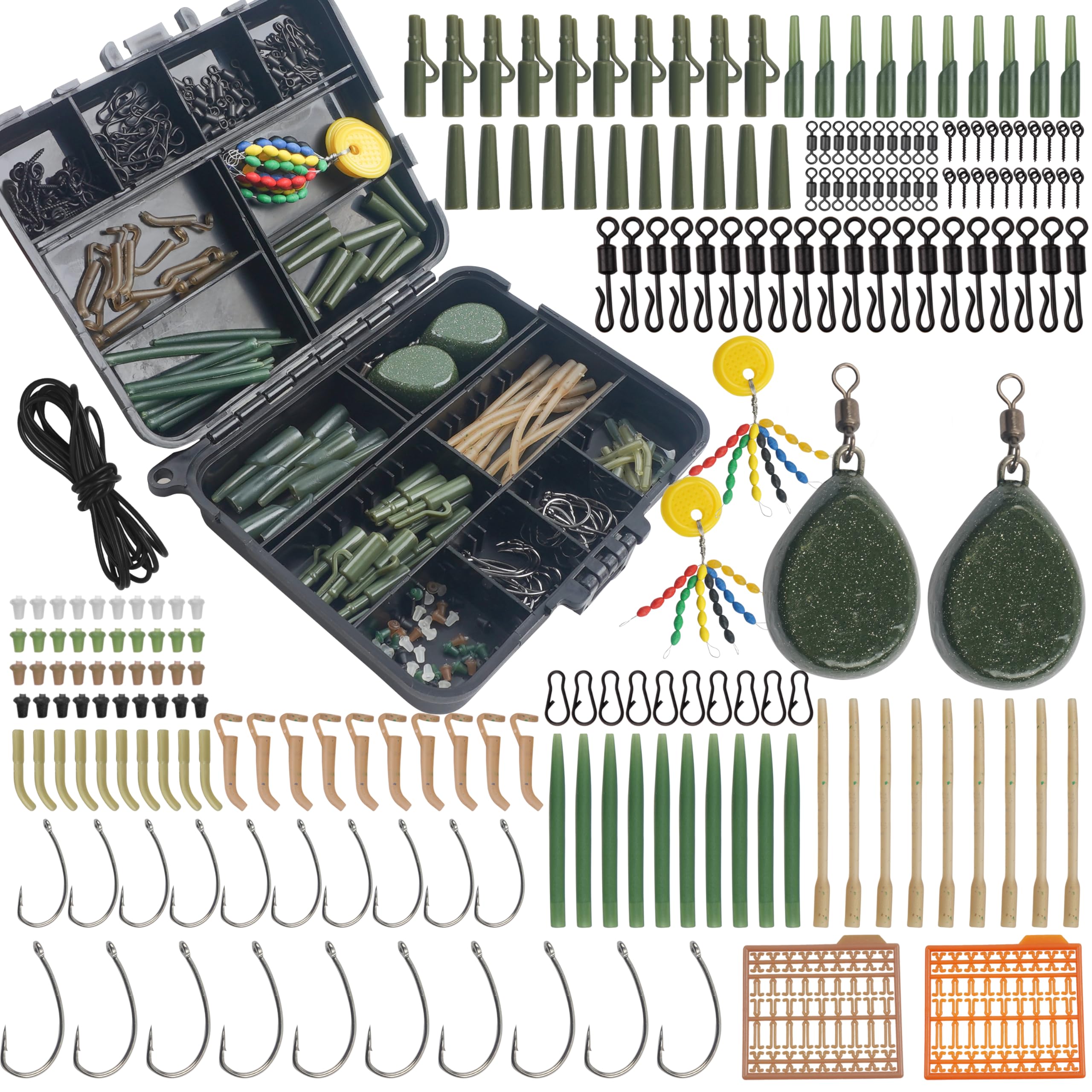 217pcs/box Carp Fishing Tackle Box Anti Tangle Sleeve Line Aligner Bait Screw Stopers Carp Hook Carp Pear-Shape Metal Weights for Carp Fishing Bait Making Carp Terminal Tackle