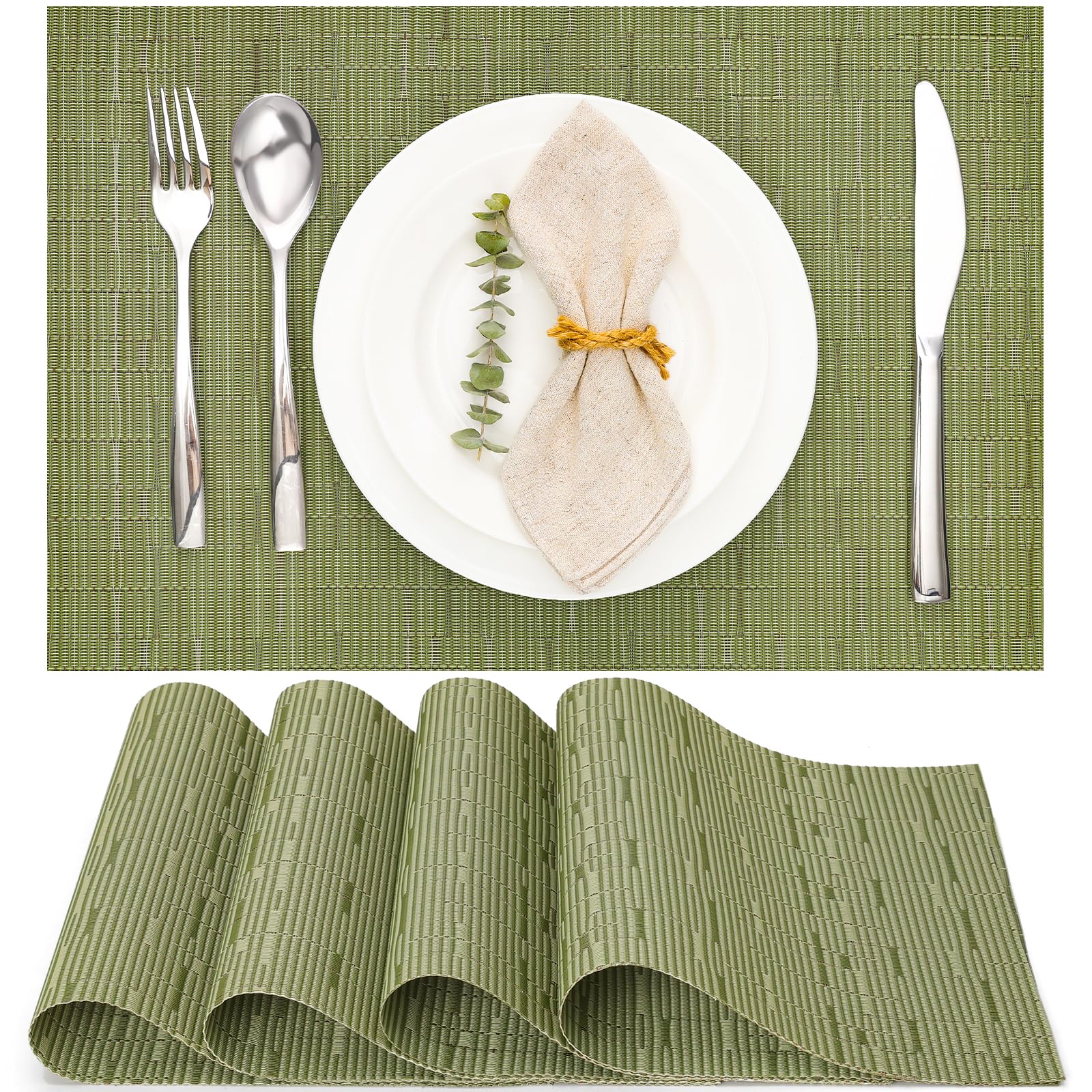 Myir JUN Table Mats Set of 4, Place Mats Table Placemats Washable Non-slip Heat Insulation Woven Vinyl for Kitchen Dinning Restaurant 17"X12" (Green)