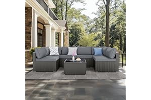 Skyfish 7 Pieces Patio Furniture Set - Outdoor Sectional Wicker Rattan Furniture with Cushion and Glass Table Patio Conversation Sets for Porch Poolside Backyard Outdoor Sofa Set Modular Sofa