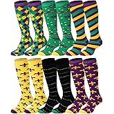 Eurzom 6 Pairs Mardi Gras Socks for Men Women Knee High Mardi Gras Accessories Colorful Fleur De Lis Patterned Carnival Mask Beads Patterned Calf Socks for Parade Party Supplies