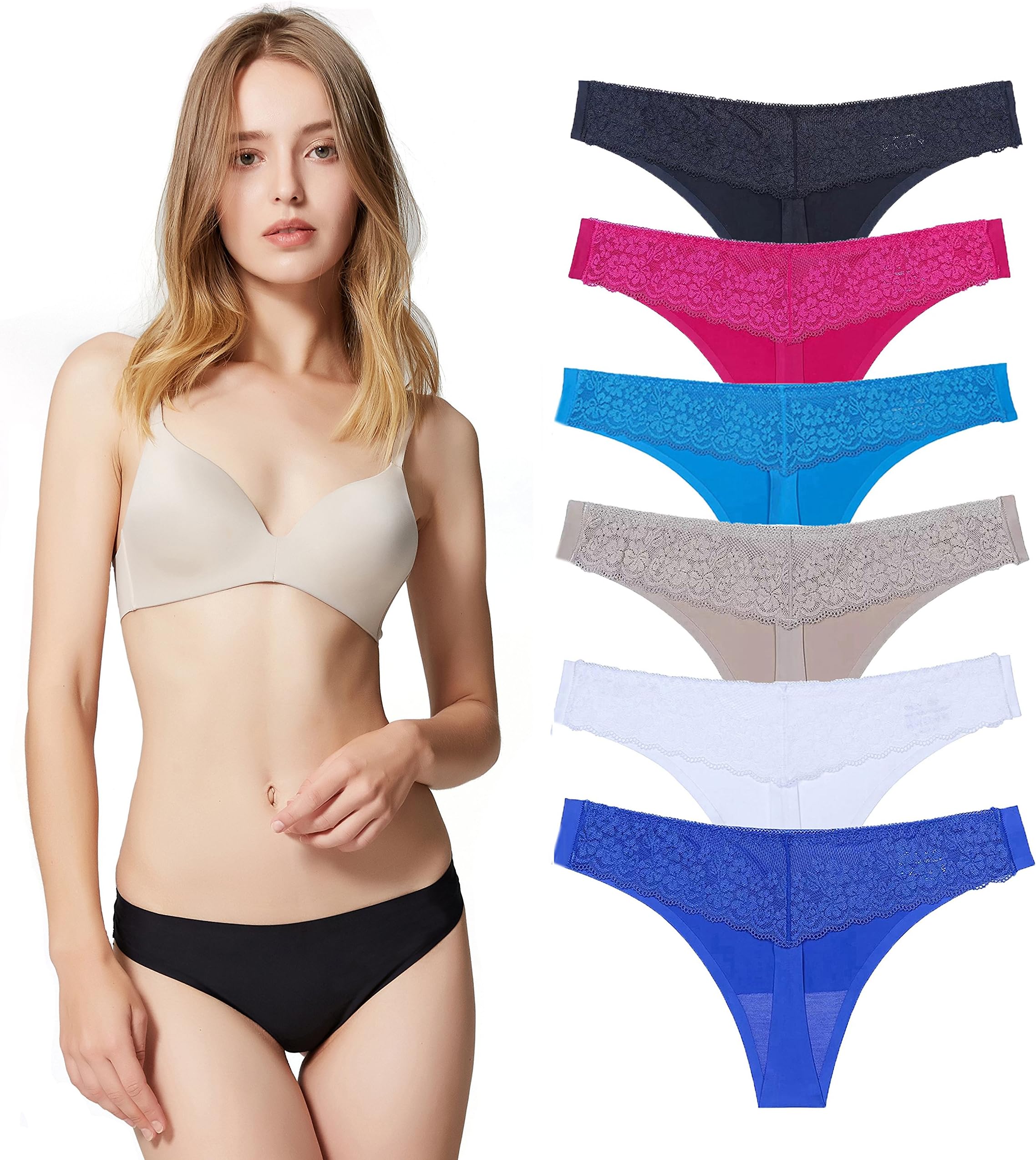 Women Thong Panties Lace Bikini Seamless Sexy Invisible 6 Pack Colors