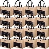 Reginary 16 Pcs Jute Burlap Totes Jute Tote Bags Reusable Burlap Beach Bags with Handle for Wedding Gifts, 11.8 x 7.87 x 5.5(Black,Classic)