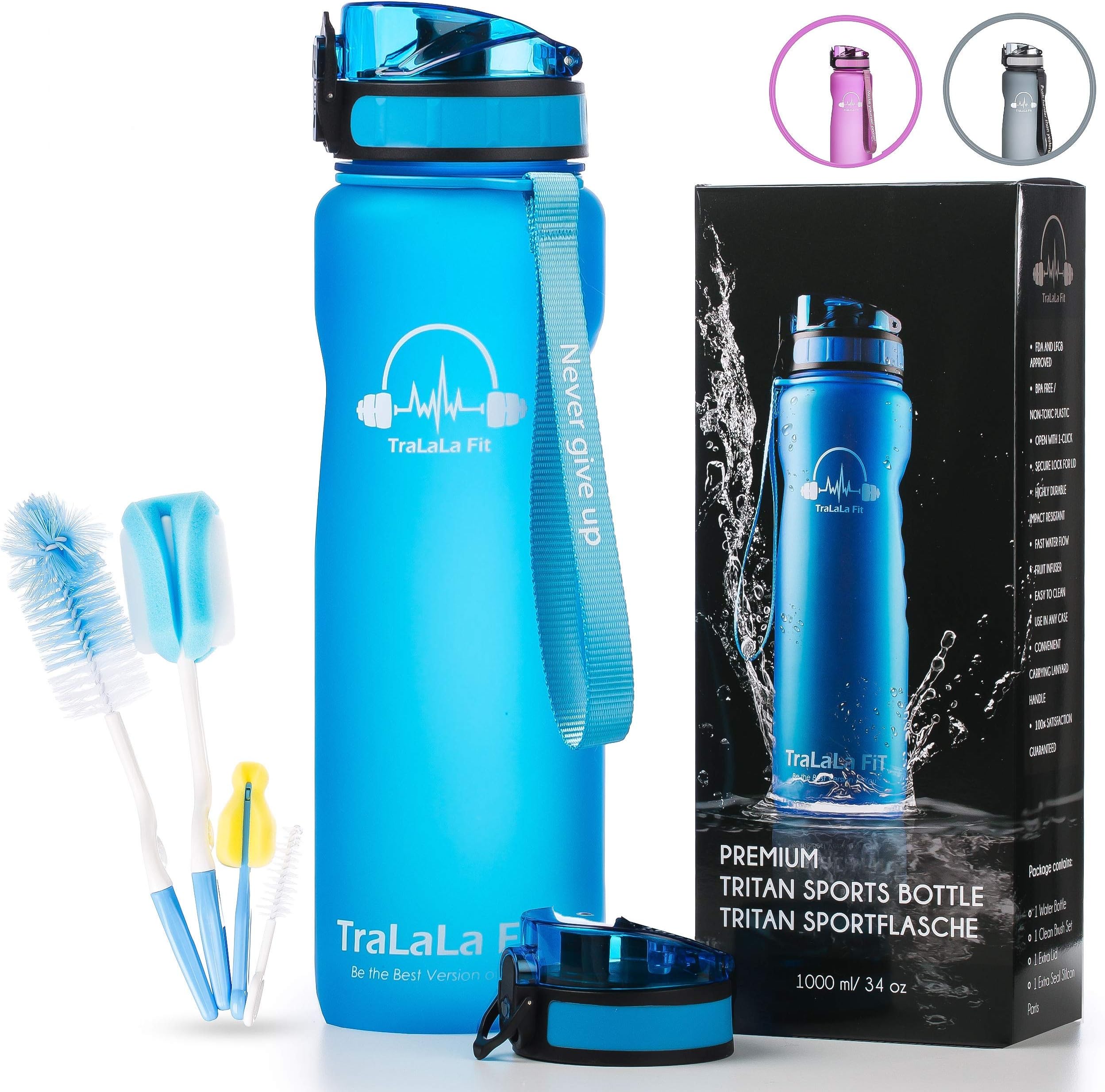 TraLaLa Fit Sports Water Bottle - 32oz Large - 2x Extra Lid - 1x Clean Brush Set, Fruit Infuser, Fast Flow, Leakproof and Durable, 1-Click Open, BPA Free Tritan Plastic Water Bottle for Fitness, Kids