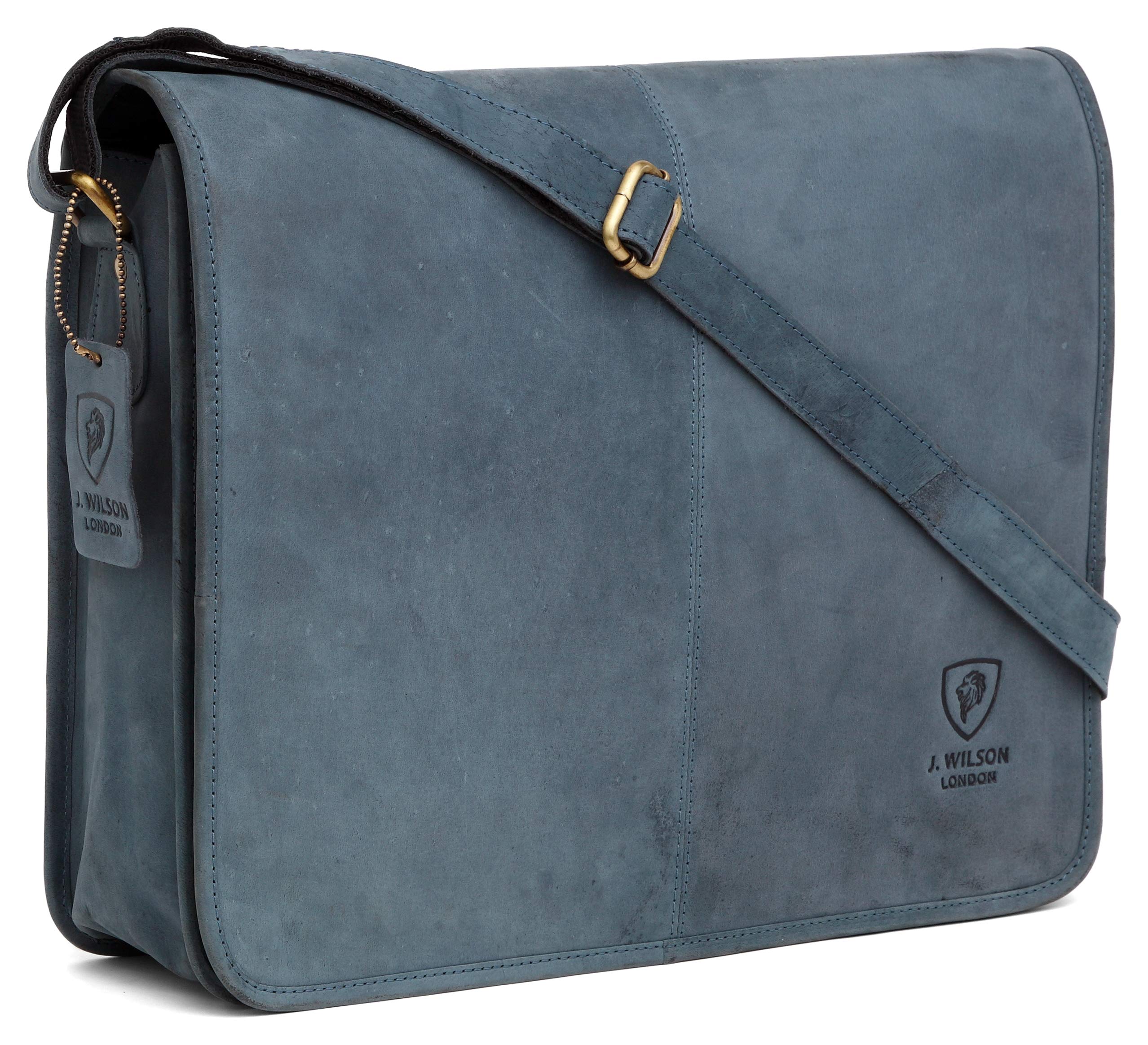J. Wilson London Messenger Bag Mens Leather Flapover 10 litres (Distressed Blue)