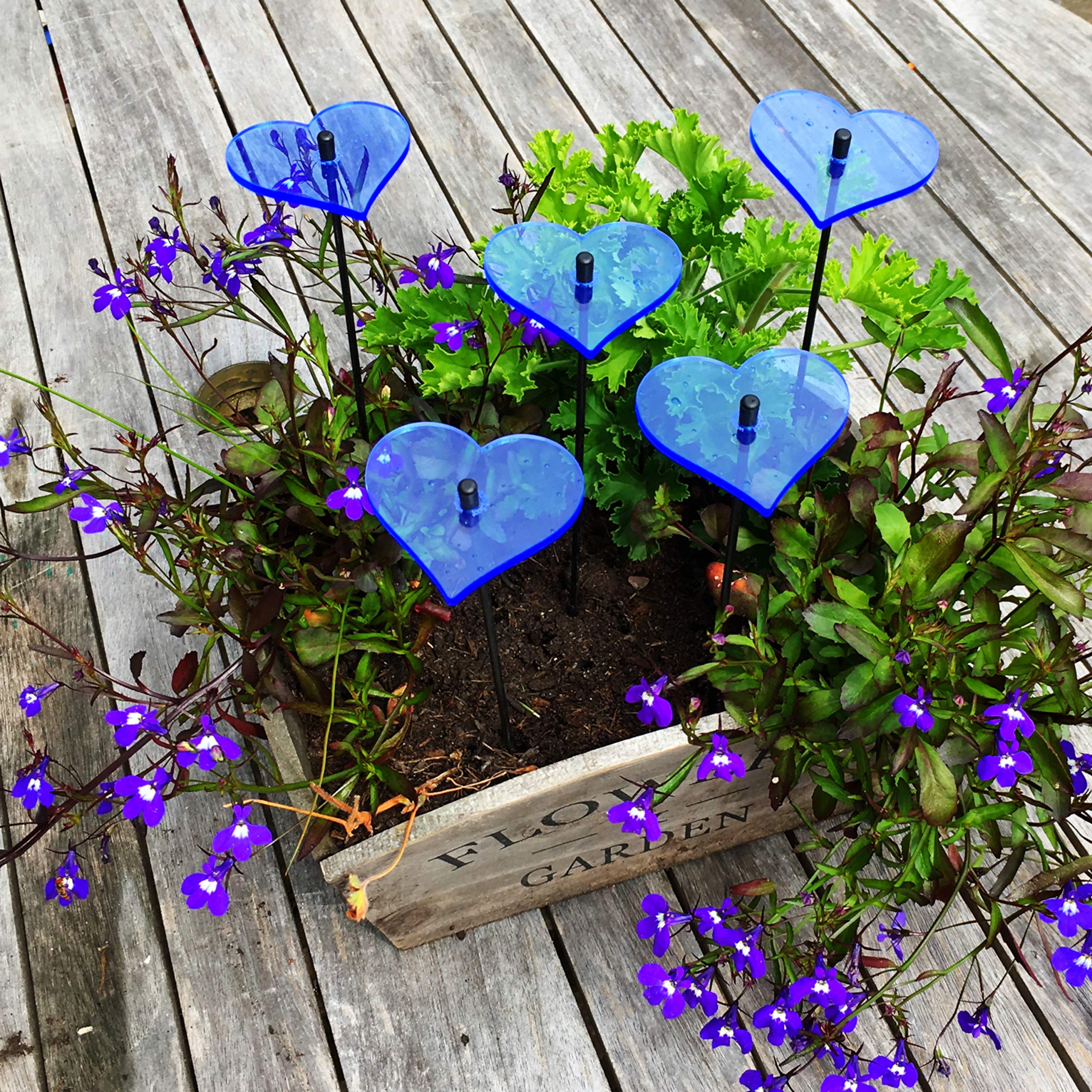 SunCatcher Garden Decor Ornaments Hearts, Set of 5 Decorative Garden Stakes, 25cm/10'' high Outdoor Yard Accessory, Great Gardeners Gift, Colour:Blue