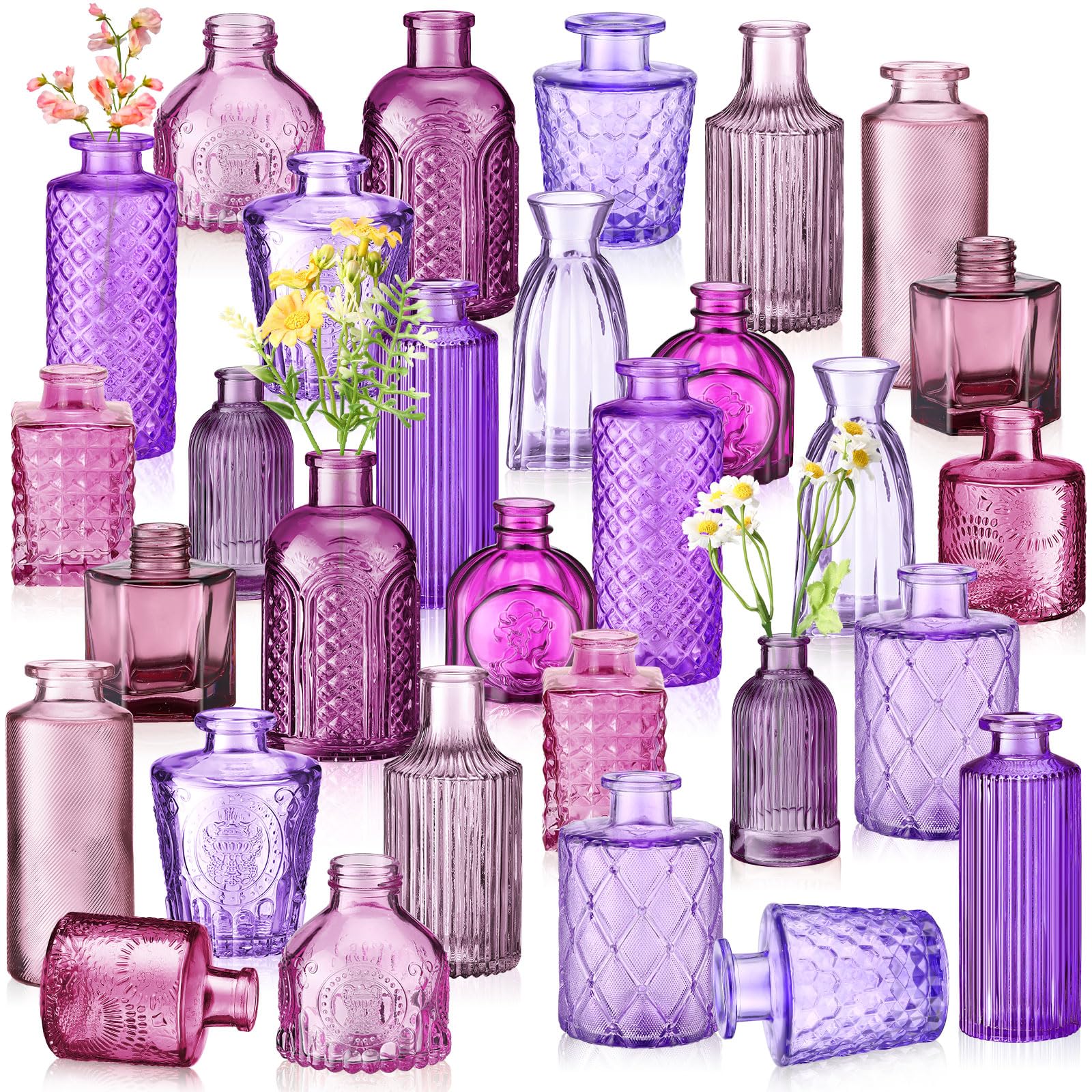 Photo 1 of Yaomiao 30 Pcs Vases Bulk Colored Flower Glass Vases Bud Vintage Colored Glass Bottles Colorful Rustic Embossed for Home Wedding Table Decorations Gifts(Purple Series)