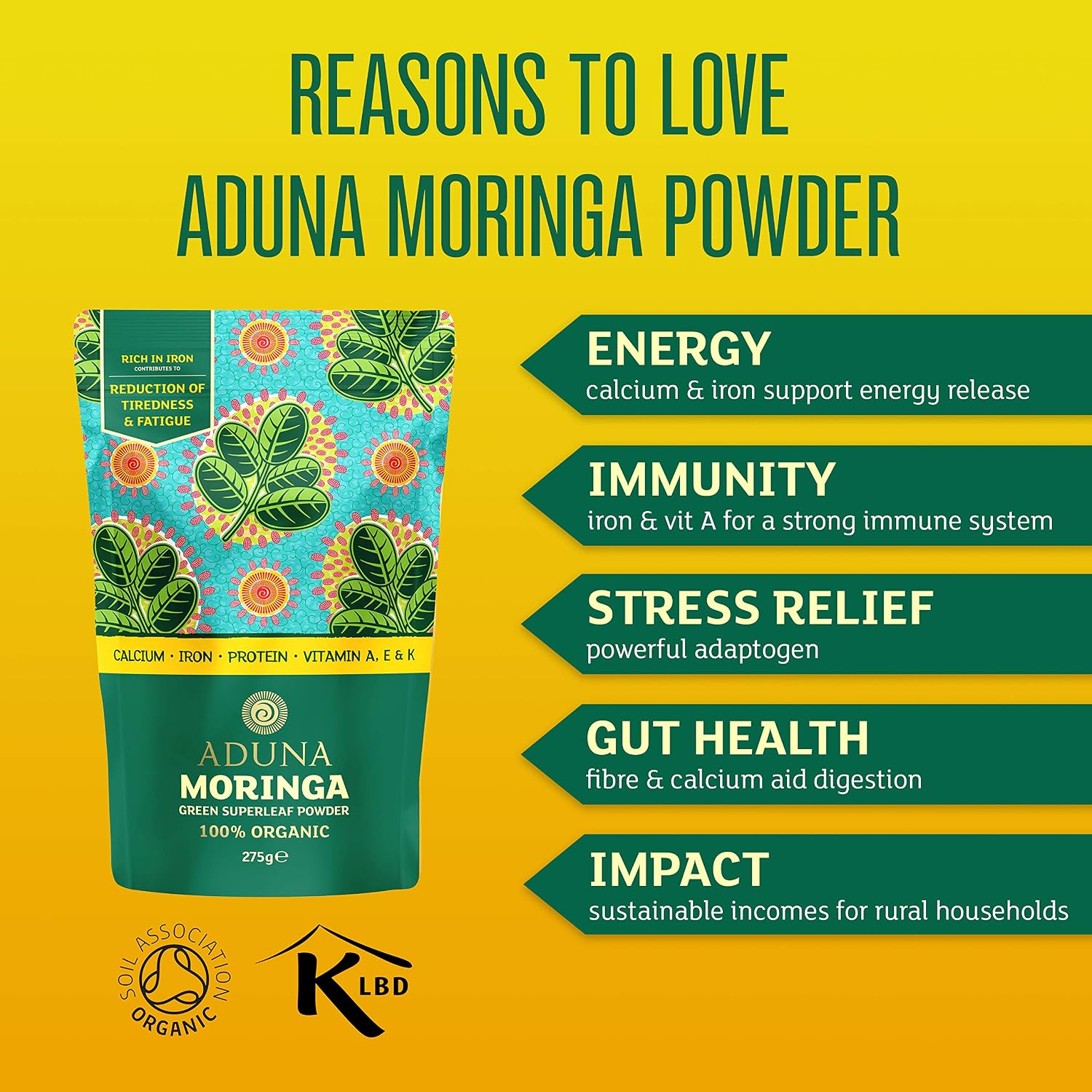 Aduna Organic Moringa Powder - 275g Resealable Pack. 100% Pure Organic Moringa Leaf Powder - Image 4