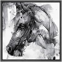 SIGNWIN Framed Canvas Wall Art Horse Ink Drawing Animals Wildlife Watercolor Expressionism Farmhouse/Country Portrait Dramatic Black and White for Living Room, Bedroom, Office - 16x16 inches