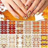 12 Sheets Fall Full Nail Wraps Stickers, Autumn Nail Polish Strips DIY Self-Adhesive Maple Leaf Nail Art Decals with 2 Piece Nail Files for Thanksgiving Party Decor (168 Pieces)