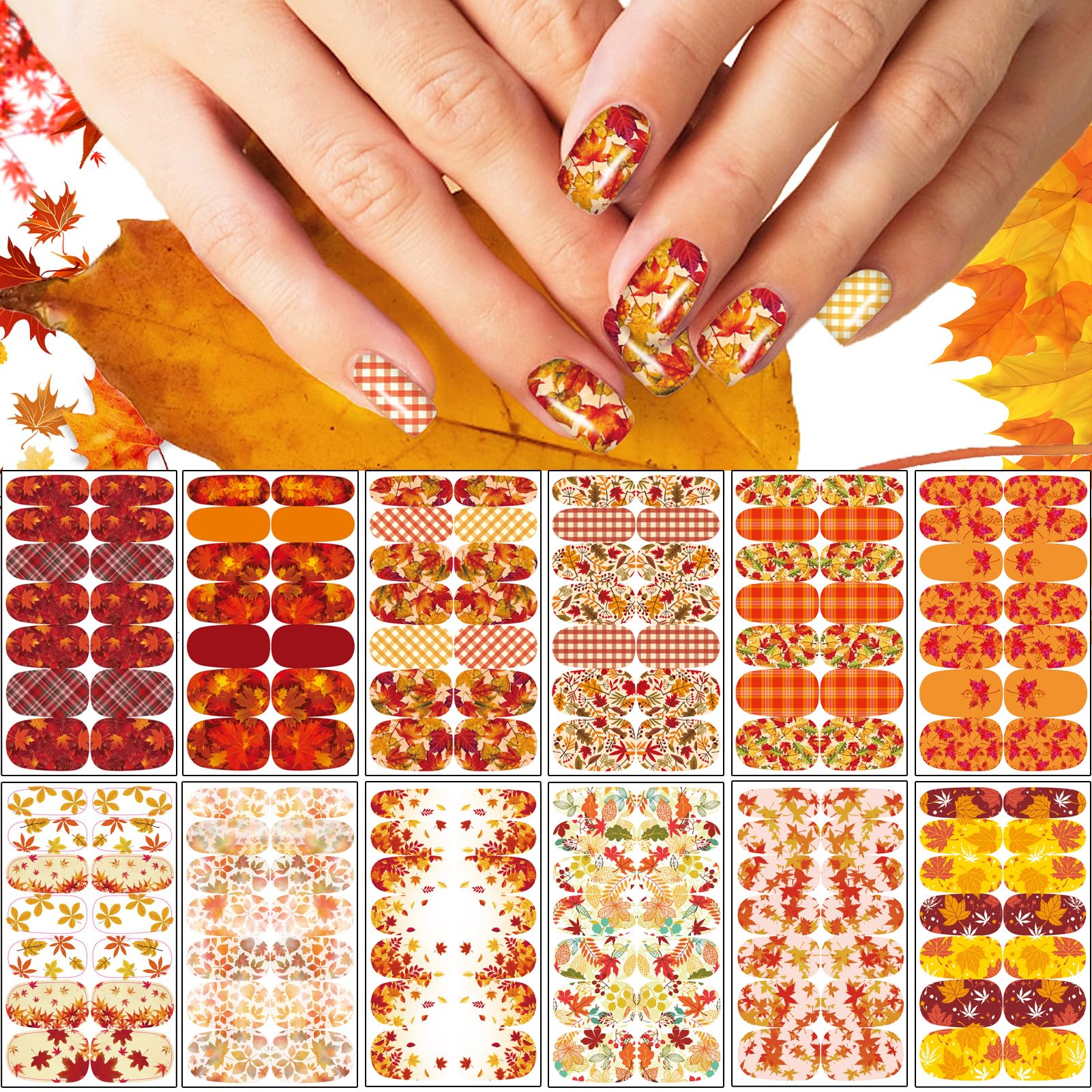 Photo 1 of 12 Sheets Fall Full Nail Wraps Stickers, Autumn Nail Polish Strips DIY Self-Adhesive Maple Leaf Nail Art Decals with 2 Piece Nail Files for Thanksgiving Party Decor (168 Pieces)