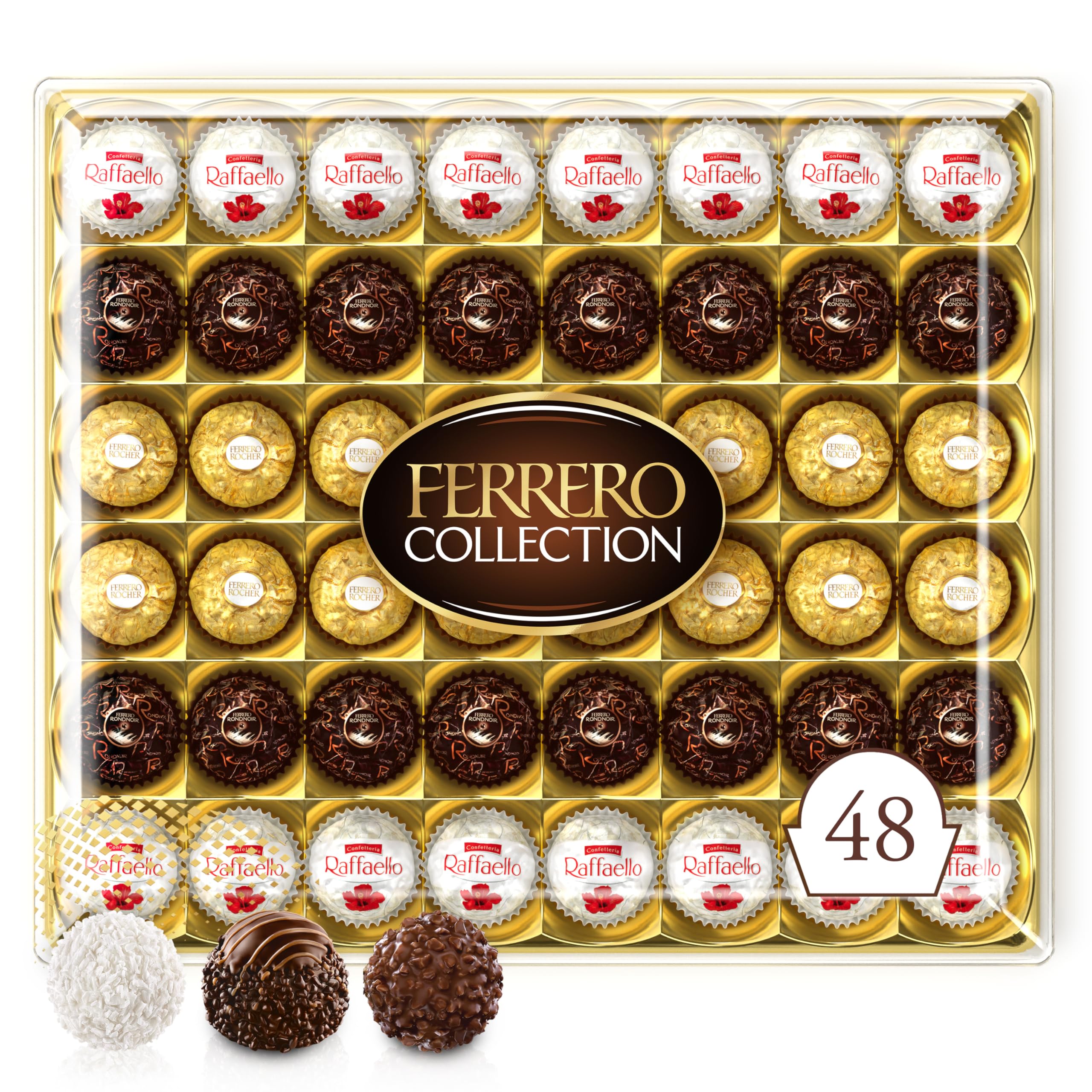 Ferrero Collection, Large Box of Specialties: Ferrero Rocher, Ferrero Rondnoir & Raffaello, Gift Idea ​For Women & Men, Box of 48 (518g)