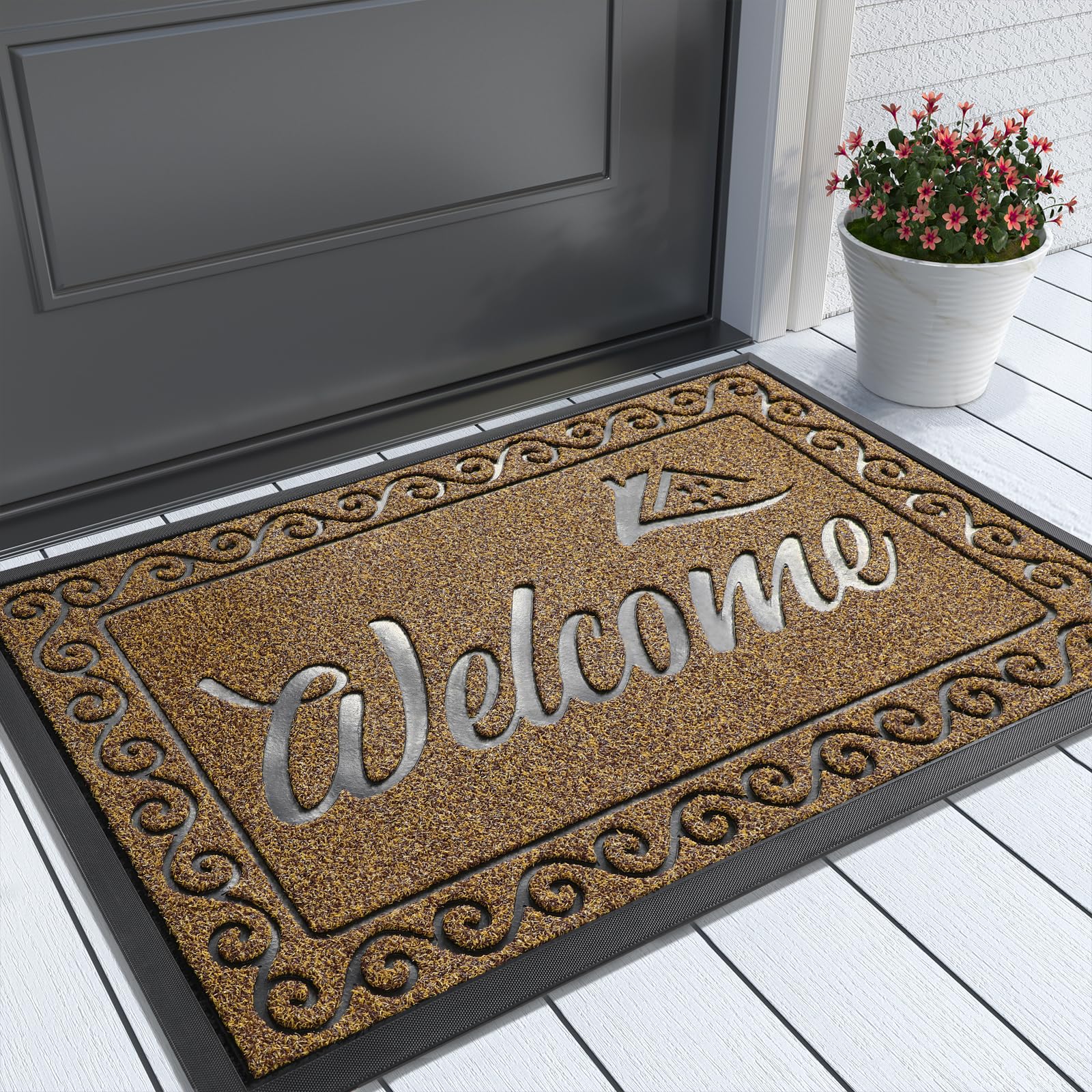 Photo 1 of Yimobra Welcome Front Door Mat, Heavy Duty Easy Clean Doormat Indoor Outdoor, Waterproof Quick Dry Floor Mat for Home, Garage, Hign Traffic Areas, Non Slip, Low Profile, 29.5X17 Inches, Beige Brown