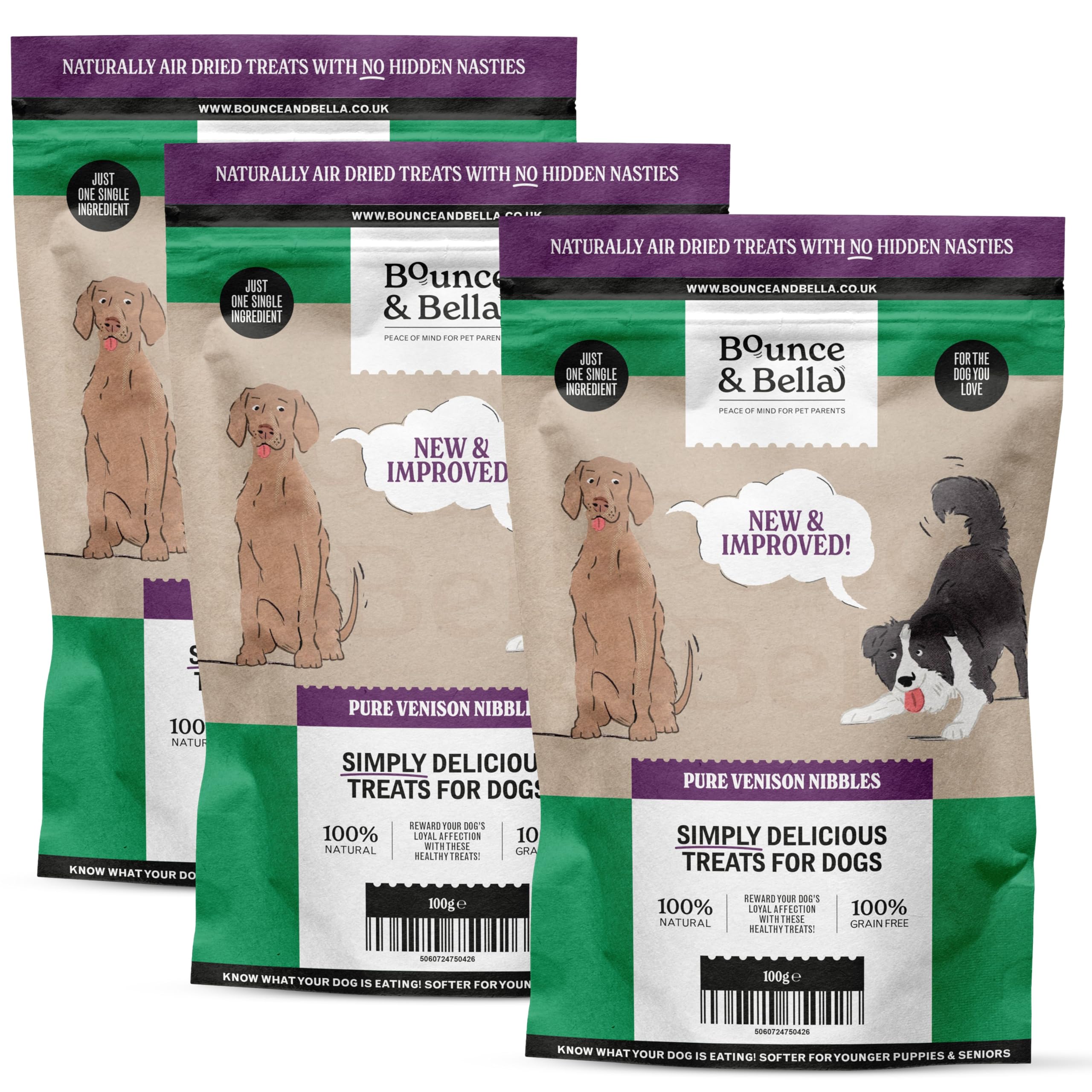 Bounce and Bella Pure Venison Nibbles – 100% Natural, Single-Ingredient Dog Treats – Grain-Free, No Nasties, Perfect for Puppies & Dogs of All Ages (3 Pack)