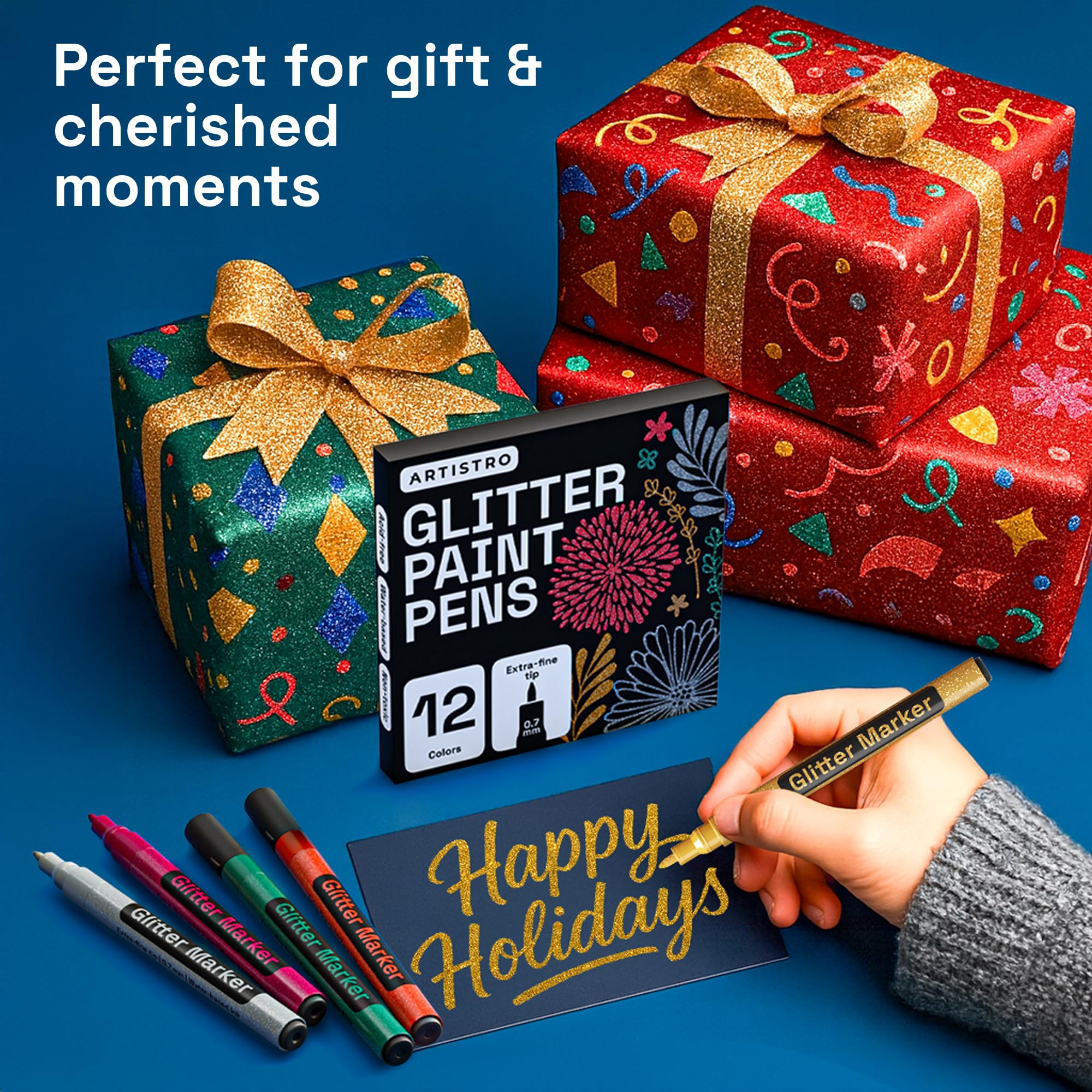 ARTISTRO 12 Glitter Paint Pens for Glass Marking, Rock Painting, Ceramic, Wood, Fabric, Scrapbooking, DIY Craft Making, Coloring - Acrylic Paint Markers Extra-Fine Tip 0.7mm