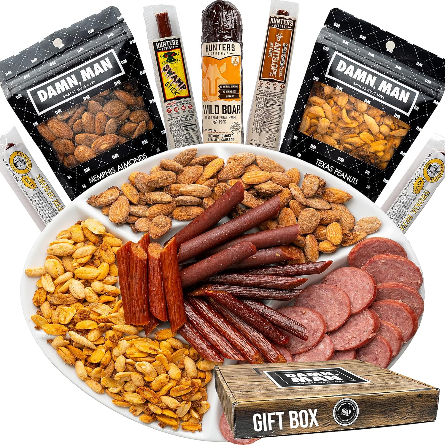 Exotic Jerky and Nuts Gift Basket for Men – Great Gift for Dad - 7 Piece Assortment – Venison, Alligator Jerky Sticks, Wild Boar Smoked Pork Sausage, 2 Unique Small Batch Nut Mixes