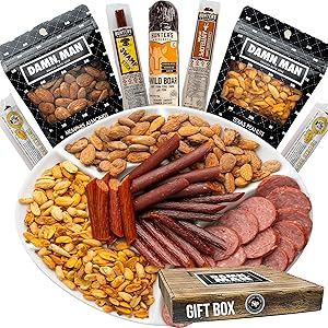 Exotic Jerky and Nuts Gift Basket for Men – Great Gift for Dad - 7 Piece Assortment – Venison, Alligator Jerky Sticks, Wild Boar Smoked Pork Sausage, 2 Unique Small Batch Nut Mixes