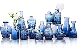 CUCUMI 14pcs Glass Bud Vase Set in Bulk, Gradual Blue Relief Vase for Centerpieces, Mini Vintage Glass Flower Vases for Wedding Home Table Party Decor