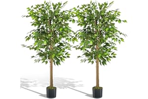 NeuType Artificial Ficus Tree 5FT, 2Packs Fake Ficus Tree Plant with Warm White LED String Lights, Tall Fake Plant Potted Faux Tree Indoor Home Office Decor Floor Plants for Living Room (59 in)