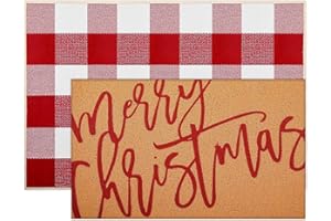 Tinideya 2 Pcs Christmas Door Mat Xmas Welcome Non Slip Coir Mats Merry Christmas Red White Buffalo Plaid Floor Layering Doormats Seasonal for Front Porch Entryway Decor(Red White Buffalo)