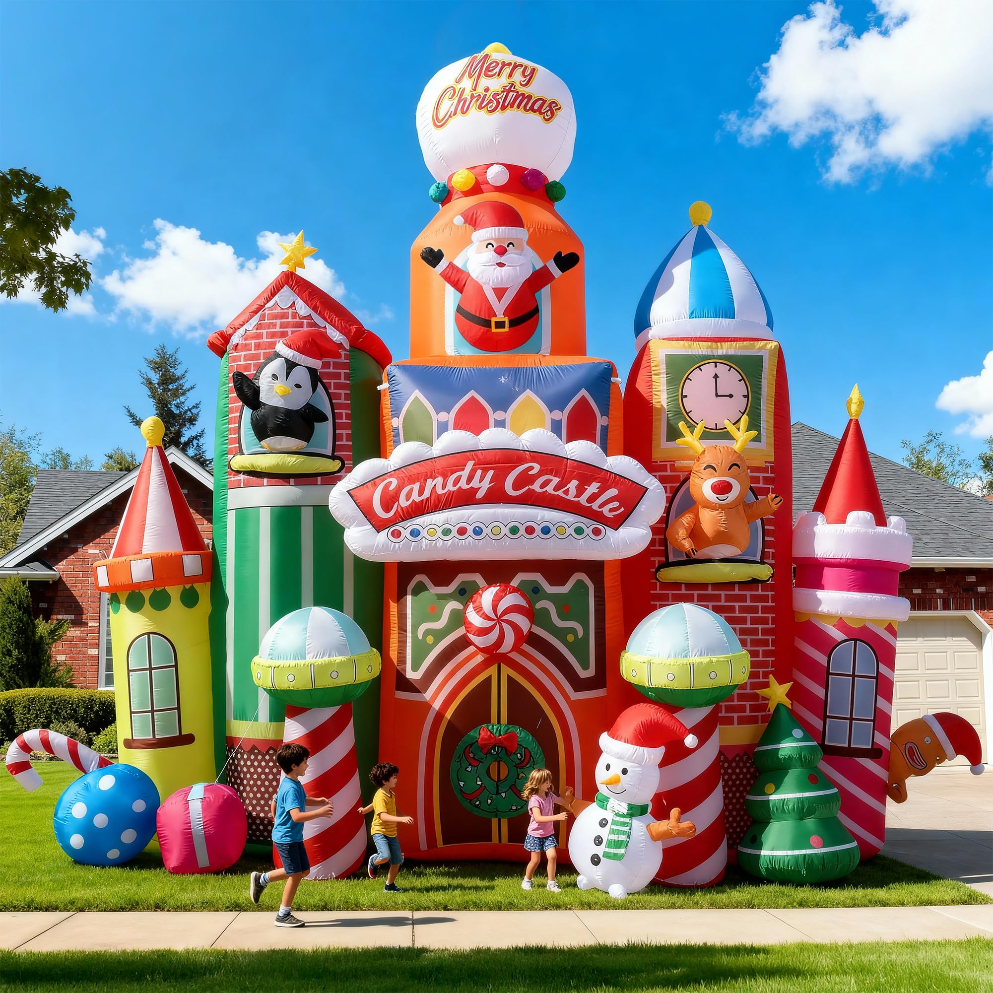 Photo 1 of 13.5 FT Tall Candy Castle Christmas Inflatables Outdoor Decorations, Blow Up Christmas Decorations with Built-in Rotating Light for Garden Lawn Xmas Decor