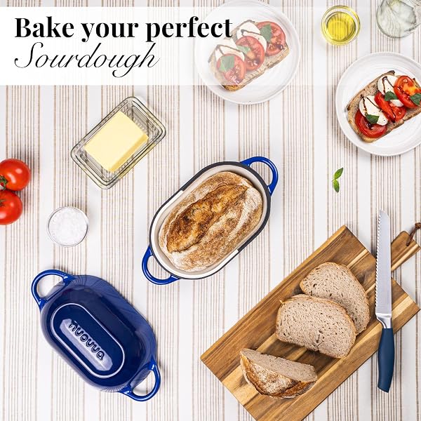 DUTCH OVEN FOR SOURDOUGH BREAD BAKING – ENAMELLED CAST IRON BREAD LOAF POT – OVEN SAFE NON STICK BREAD POT – RECTANGULAR, DARK BLUE, 24CM X 16CM – BY NUOVVA