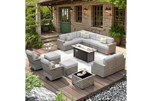 HOOOWOOO Outdoor Sectional Patio Furniture Set with Fire Pit Table,15 Pieces Wicker Conversation Sets L Shaped Couch,Extra Deep Out Door Sofa Outside Furniture with Swivel Chairs Ottomans,Light Gray