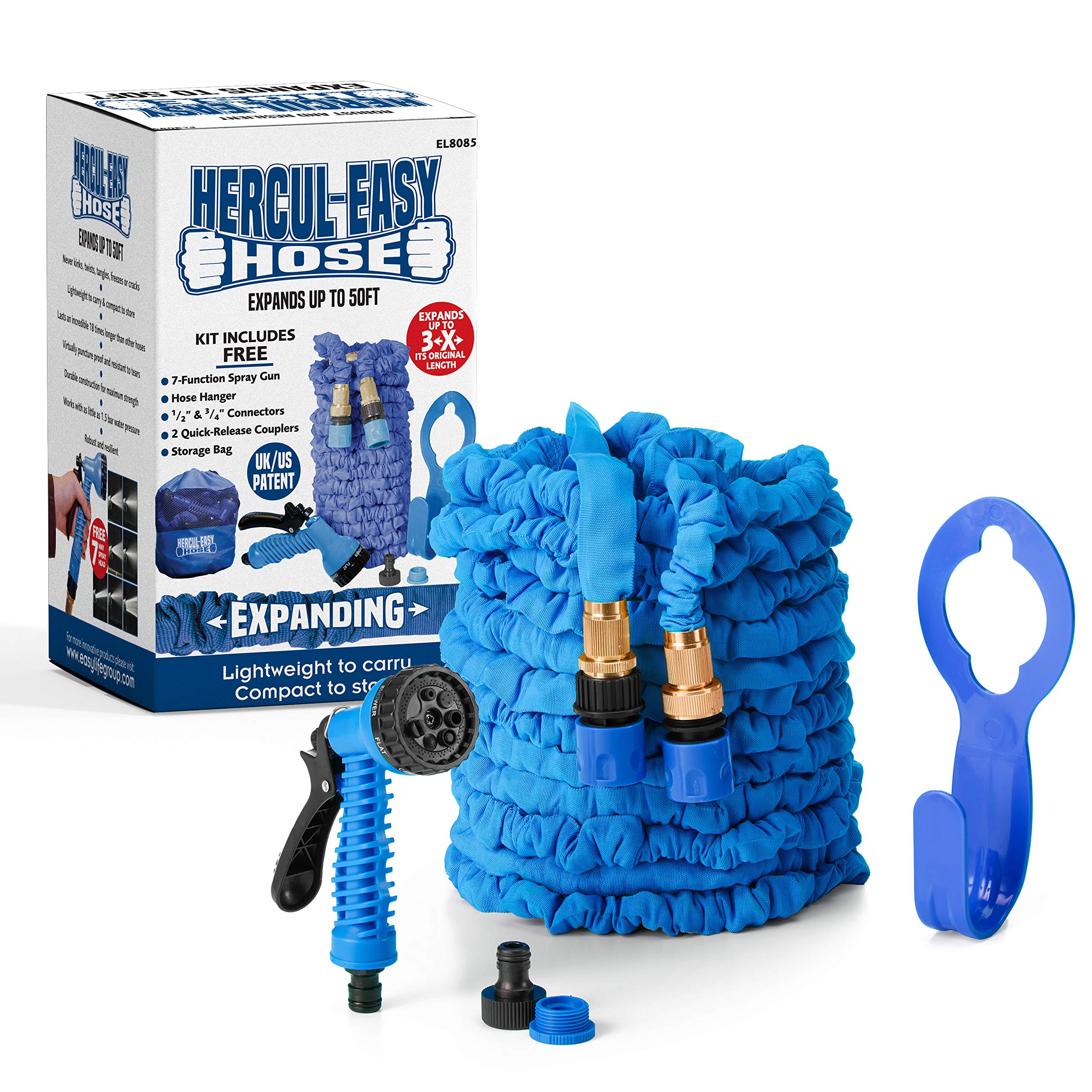 Hercul-Easy Expandable Garden Hose Set – Flexible Hose with 7 Way Spray Gun - Aluminium & Brass Connectors, Hose Holder & Tap Connectors - Water Pipe with Free Storage Bag, 50ft, Blue