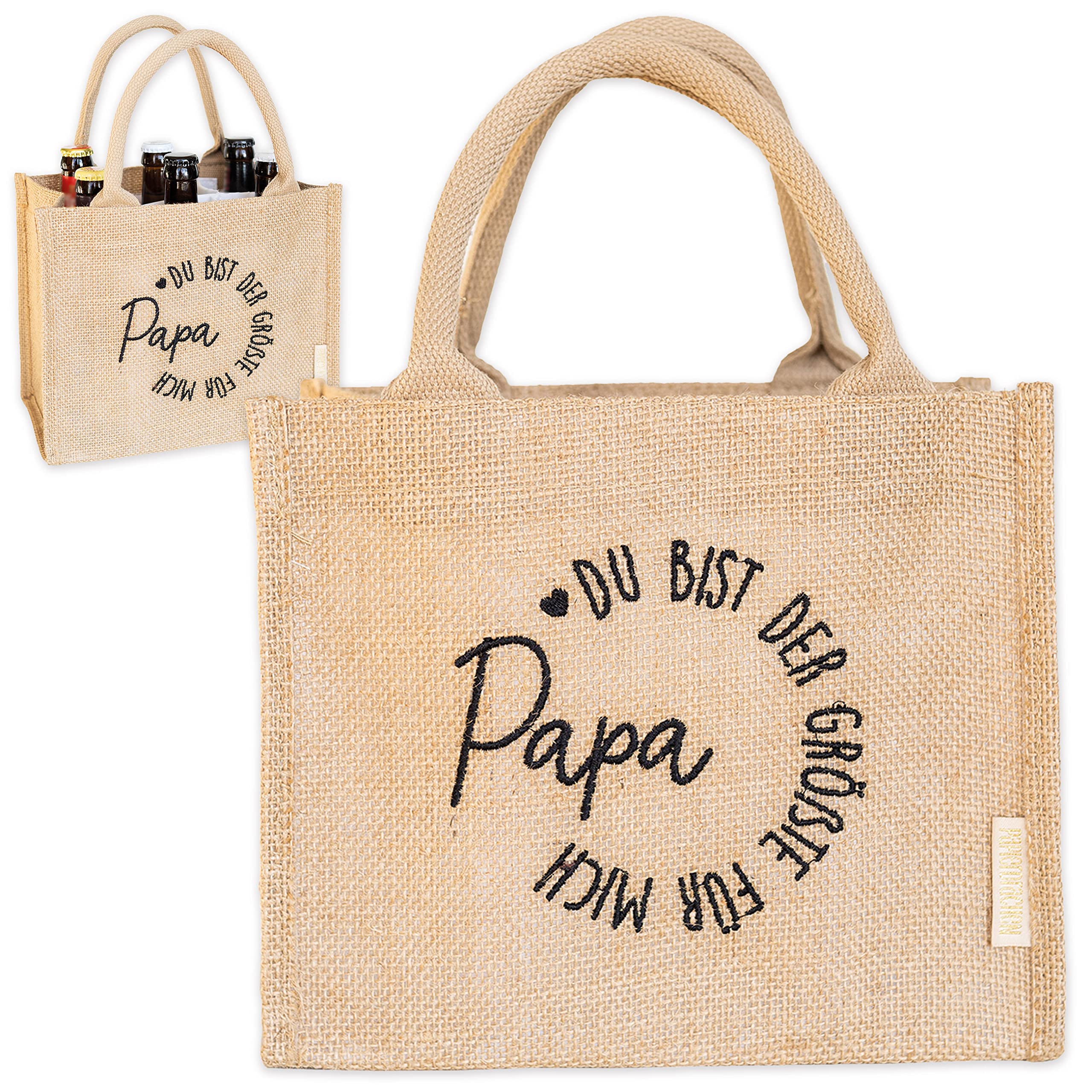 Papierdrachen Jute Bag with Great Embroidery "Papa-Du bist der Großte für uns zum Vatertag" with Removable Compartments for 6 Bottles with Velcro Closure 25 x 15 x 21 cm