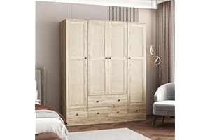 Hitow Ratten Wardrobe Armoire Closet, 4 Door Rattan Closet Wardrobe Cabinet with 4 Drawers & Hanging Rod, Storage Wardrobe Armoire Dresser for Bedroom Organizer (59" W x 18.8" D x 70.8" H)