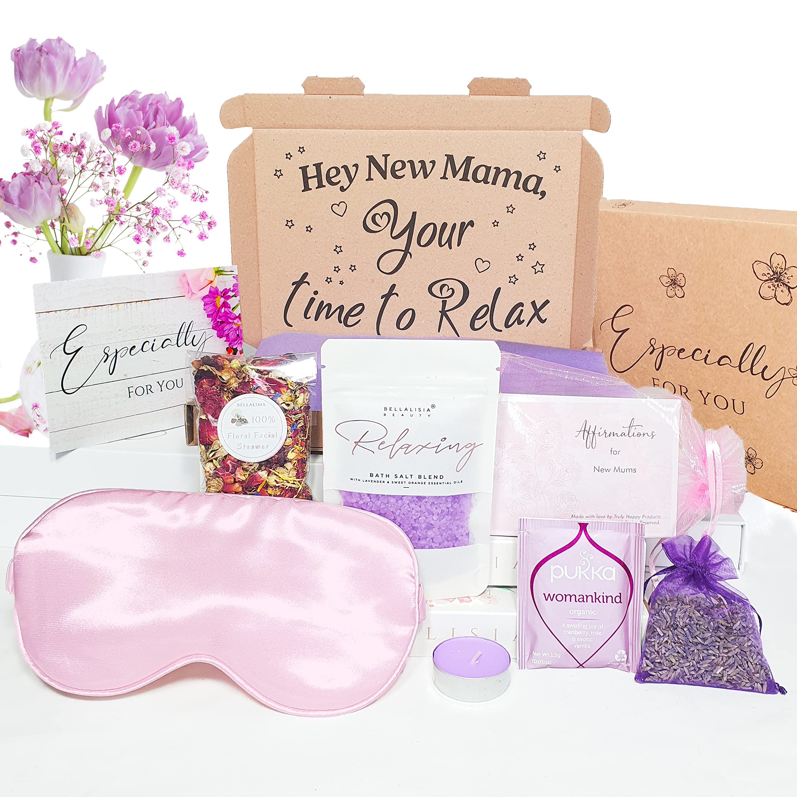 Bellalisia Hey New Mum Pamper Kit, Lovely Relaxing Baby Shower Gifts for Mums To Be For Her To Pamper and Relax. New Mum Hamper Presents. Mums Self Care Spa Box Set, Women Beauty Gifts For Mummy.