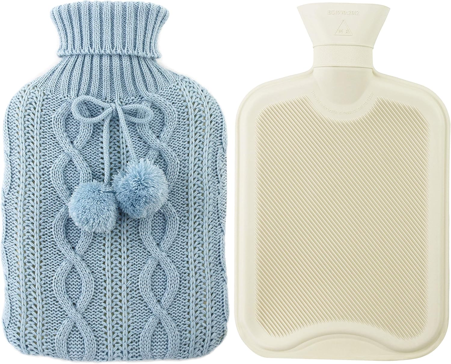 Athoinsu Knit Hot Water Bottle Premium Rubber Christmas Gift 2 Liter Classic Elegant Pure Colored Knit Cover, Light Blue
