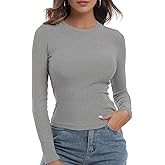 Buauty Womens Basic Long Sleeve Trendy Crewneck Ribbed Tunic Top Slim Fitted Casual Going Out Shirts for Spring Y2K Outfits Grey