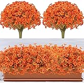 Fall Flowers Artificial for Decoration, Artificial Fall Mums Flowers for Outdoors, Fake Flowers Daisy Eucalyptus Realistic UV Resistant for Garden Patio Porch Home Decor (12, Orange-Green Leaves)
