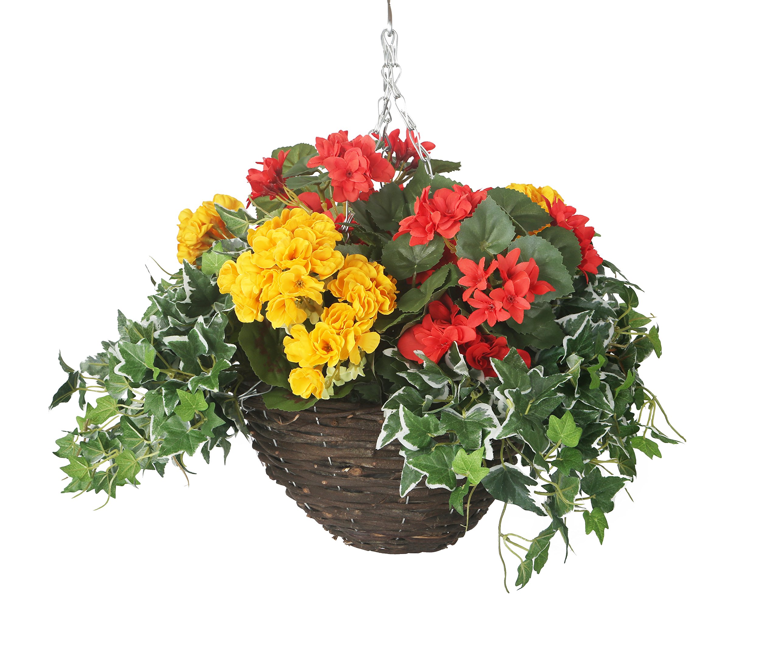 Closer2Nature Artificial Red and Yellow Begonia Display in a 10" Round Willow Hanging Basket