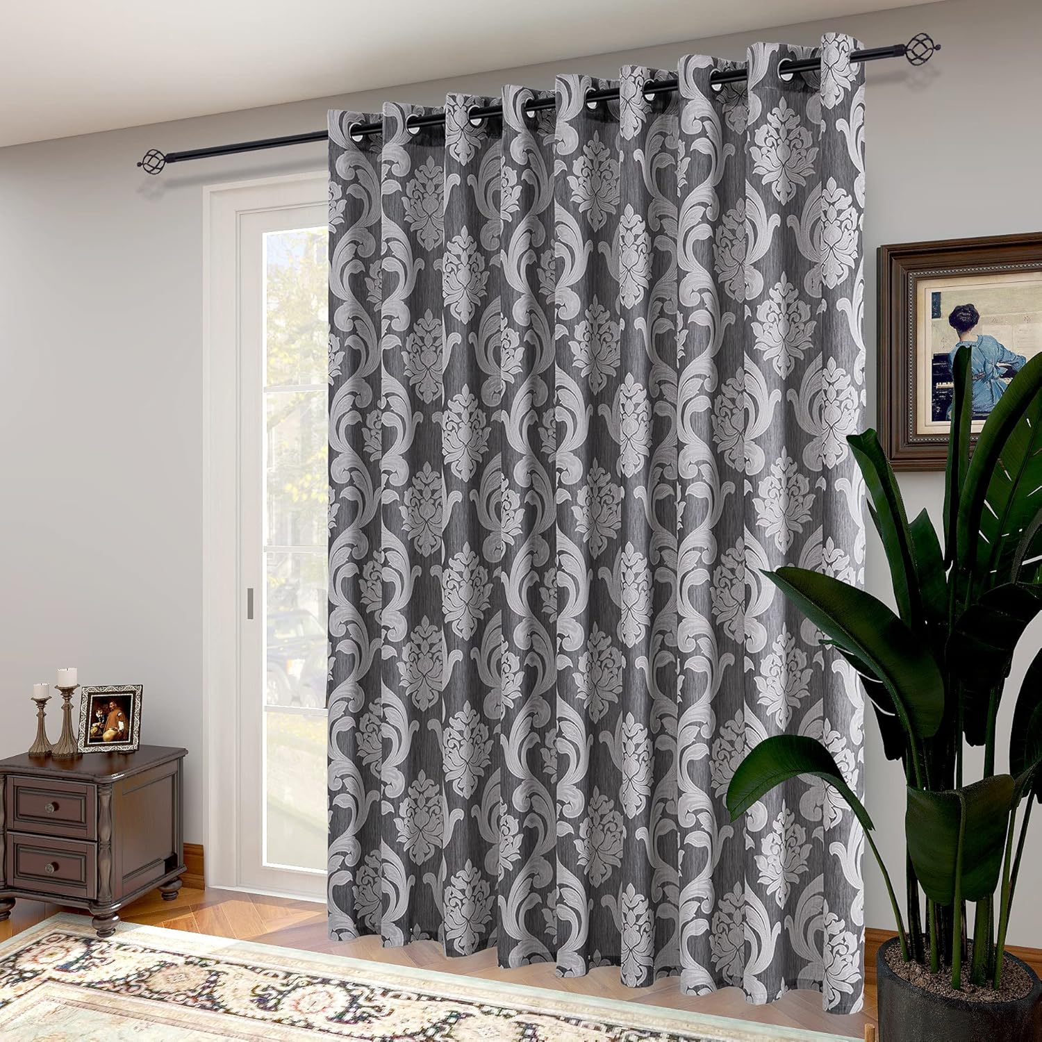Outdoor Curtains - NAPEARL Patio Door Curtains for Sliding Glass Door, Damask Door Window Curtains, Extra Wide Curtains for Room Divider, 1 Door Panel (10ft Wide x 8ft Tall, Grey)