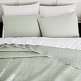 WDCOZY Sage Green Pick Stitch Queen Size Quilt Set, Striped Lightweight Soft Summer Spring Bedspread, Bamboo Linen Like Textured Coverlet, Chambray Farmhouse Country Rustic Thin Bedding Comforter