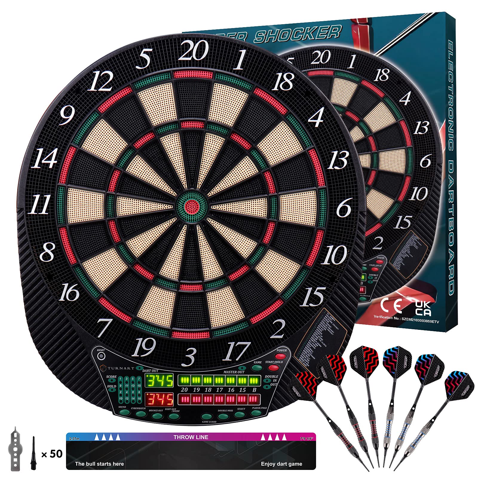 Photo 1 of Turnart Electronic Dart Board - Dart Board Electronic Scoreboard for 16 Players - 6 Darts Plastic Tips 50 Soft Tips LED Display Power Adapter Throw Line