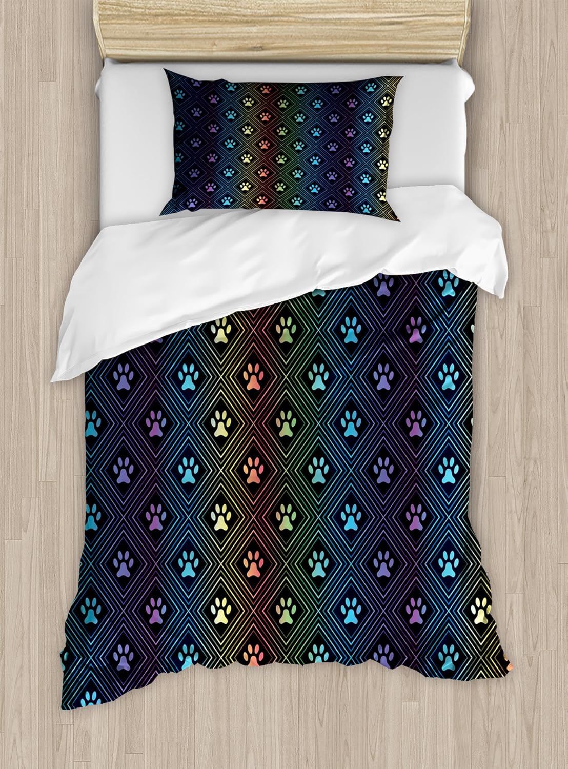 Ambesonne Dog Lover Duvet Cover Set, Paw Print Pattern with Diamond Shaped Rhombus Shapes Design Geometric Arrangement, Decorative 2 Piece Bedding Set with 1 Pillow Sham, Twin Size, Blue Orange