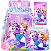 UFNDC 3PCS Girls Mermaid Backpack, 16" Unicorn Bookbag with Lunch Box for Kids, Water Resistant School Bag for Elementary Preschool Toddler