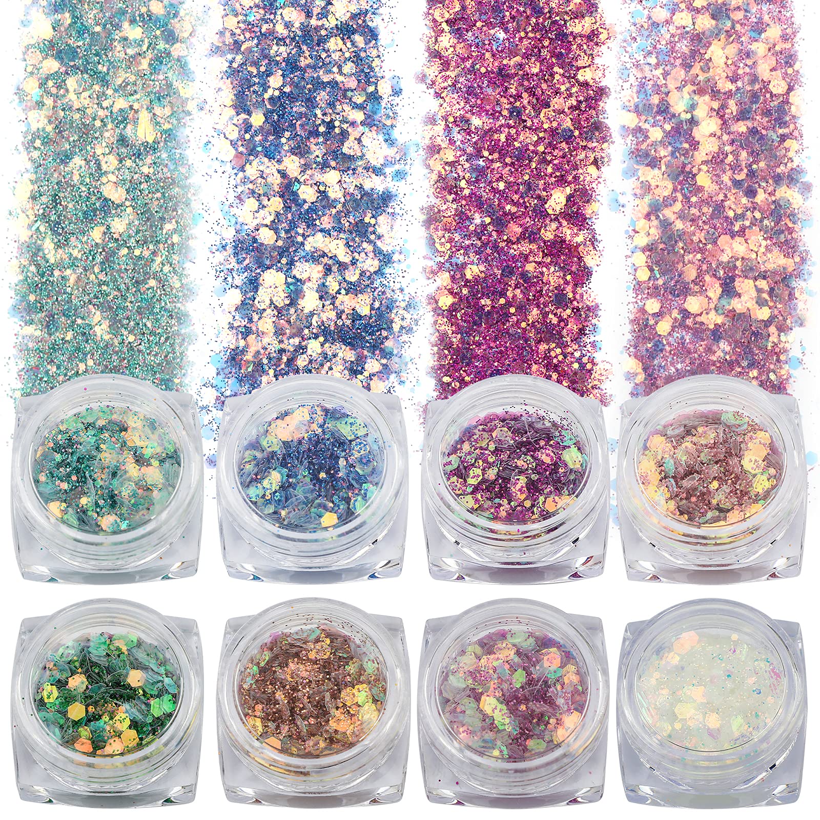 SAVITA 8 Colors Iridescent Glitter Flakes, 3D Holographic Mermaid Nail Sequins, Bling Chunky Glitter Irregular Paint for Art Craft Festival Cosmetic Body Decoration