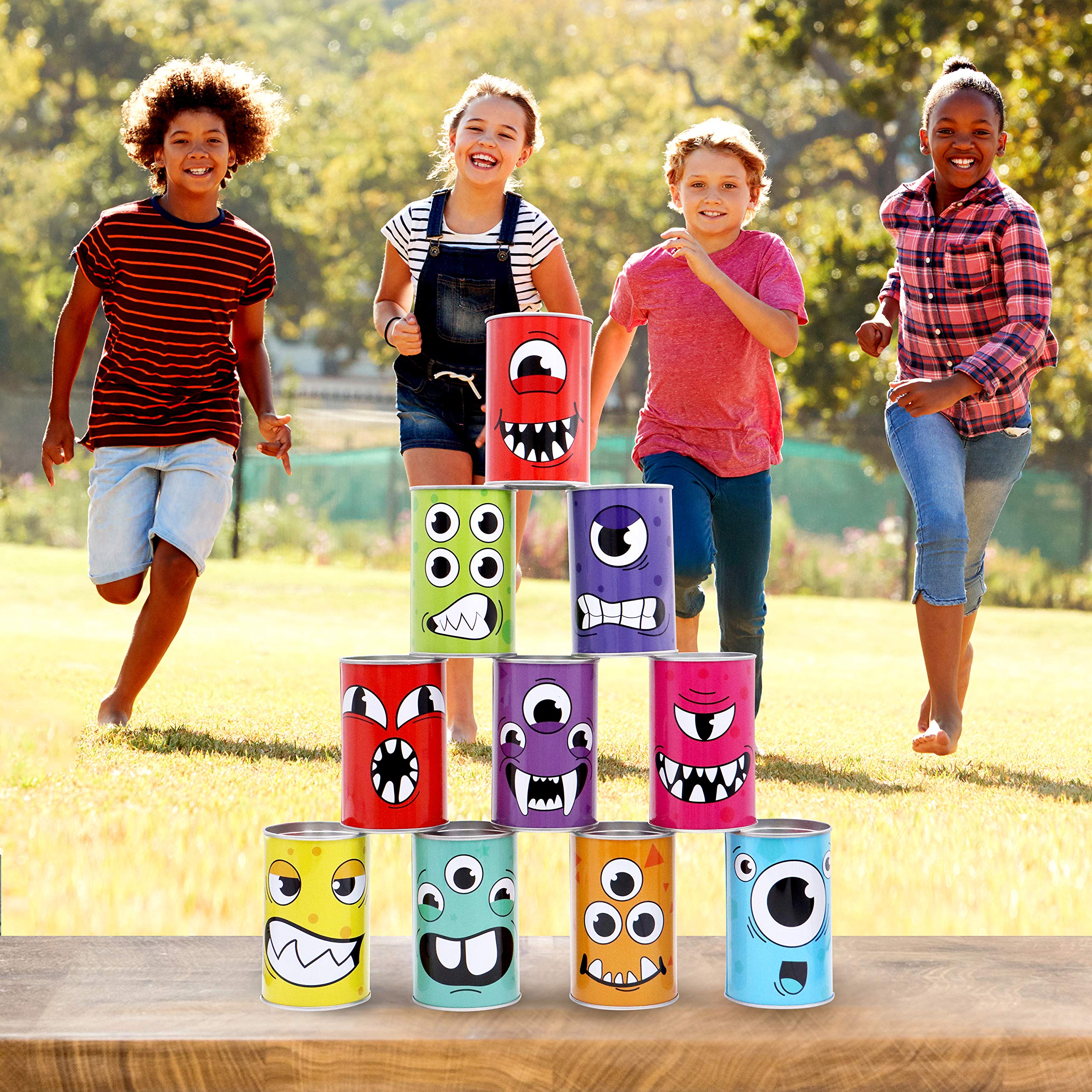 JOYIN 13 Pcs Carnival Bean Bag Toss, Knockdown Can Game Set, Holiday & Birthday Party Games, Outdoor Lawn Yard Activity for Kids Party Favors, Easter Egg Hunt for Classroom Gifts (Monster Style)