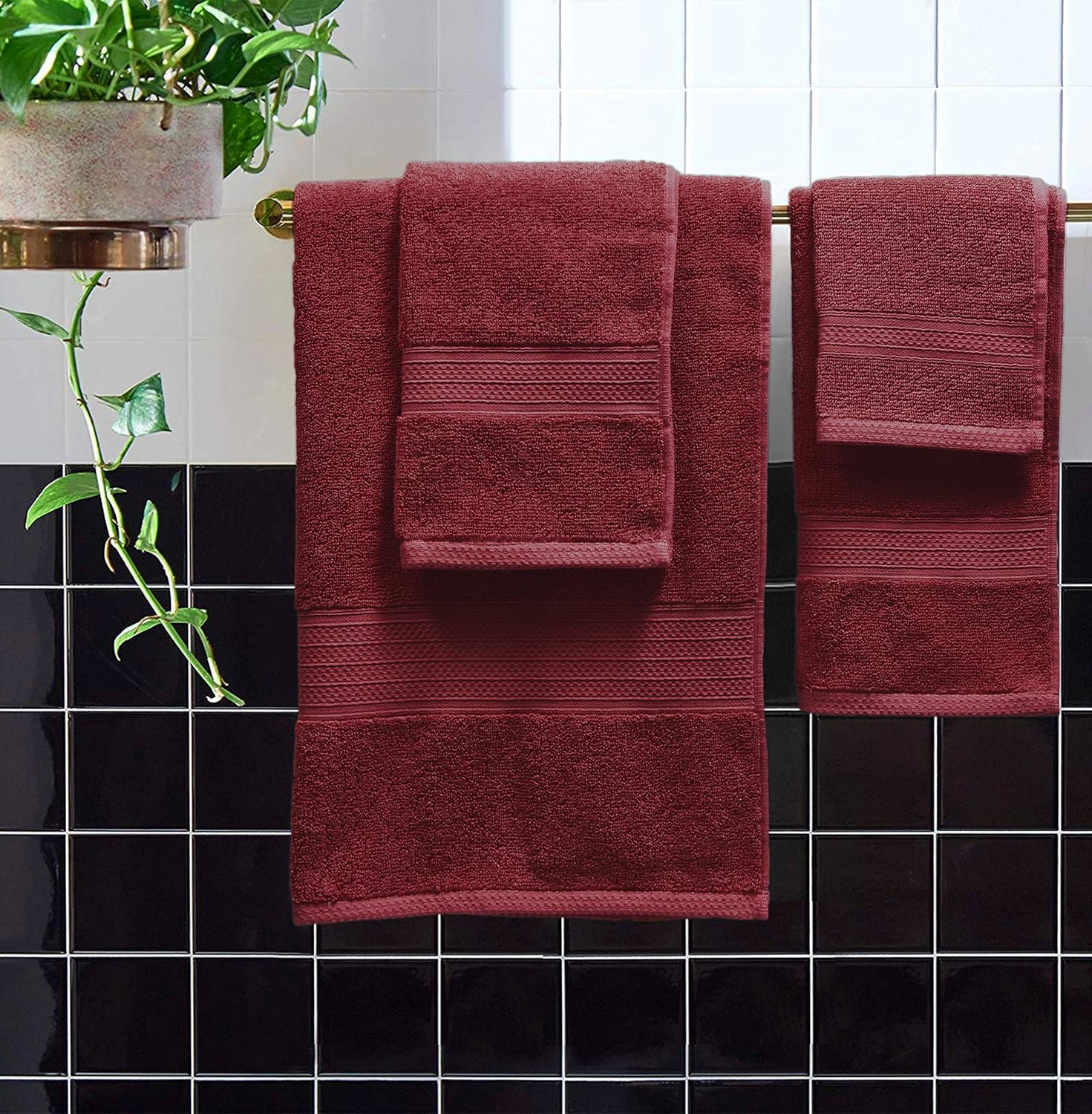 GLAMBURG 6 Piece Towel Set, 100% Combed Cotton - 2 Bath Towels, 2 Hand Towels, 2 Wash Cloths - 600 GSM Luxury Hotel Quality Ultra Soft Highly Absorbent Towel Set for Bathroom - Burgundy: Home & Kitchen