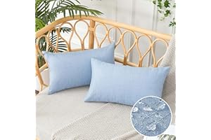 UGS UGASA UGASA Outdoor Throw Pillow Covers Pack of 2 Plaid Texture Waterproof Farmhouse Linen Decorative Lumbar Cushion Pillows Covers for Patio Porch Outside Yard Garden Bench 12x20 Inch, Light Blue