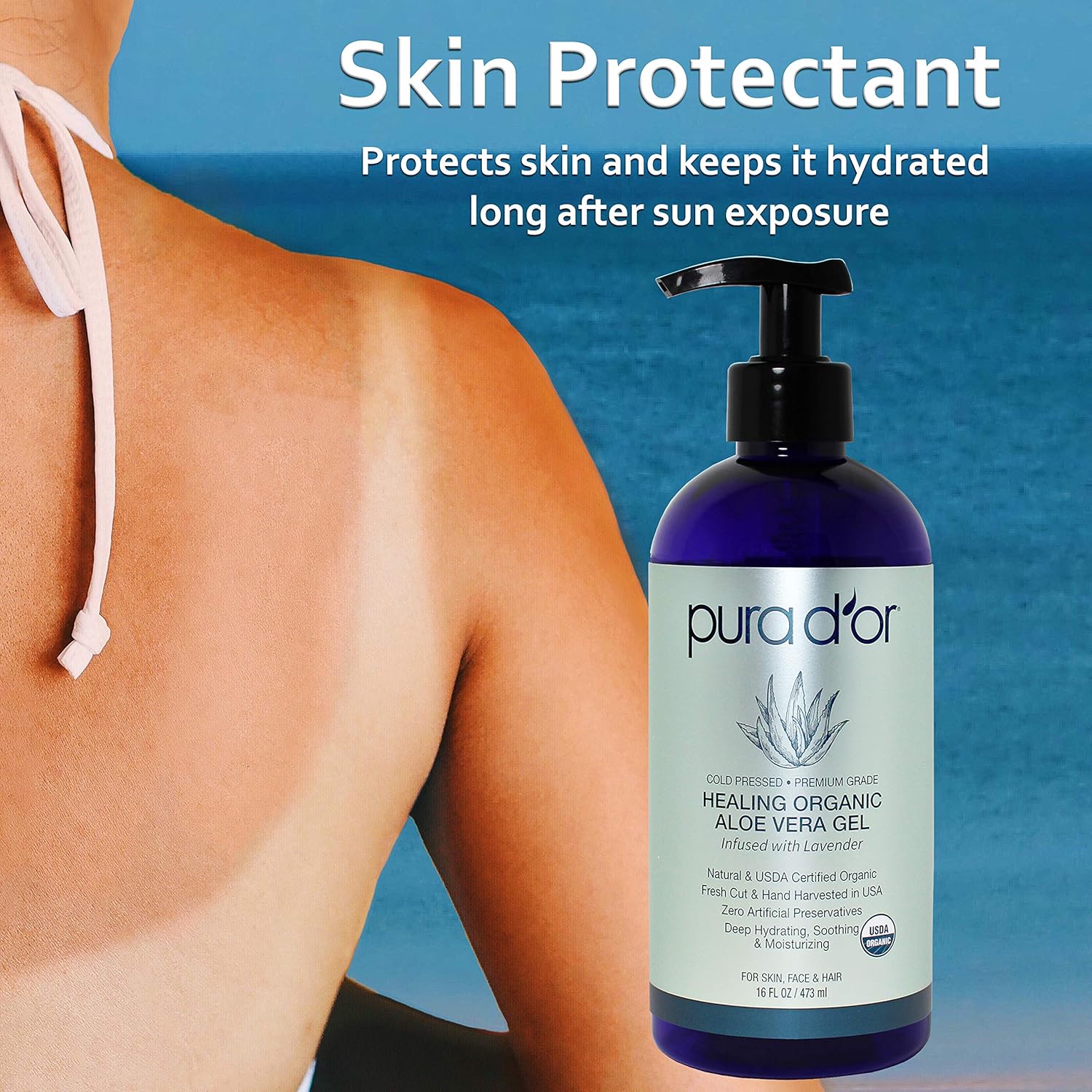 PURA D'OR Organic Aloe Vera Gel Original Lavender (16oz) USDA Certified - Deeply Hydrating, Moisturizing Skin & Hair - Sunburn, Bug Bites, Rashes, Small Cuts, Eczema Relief (Packaging may vary) : Beauty