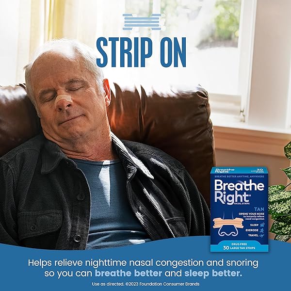 BREATHE RIGHT ORIGINAL NOSE STRIPS TO REDUCE SNORING AND RELIEVE NOSE CONGESTION, TAN, 30 COUNT (PACKAGING MAY VARY)