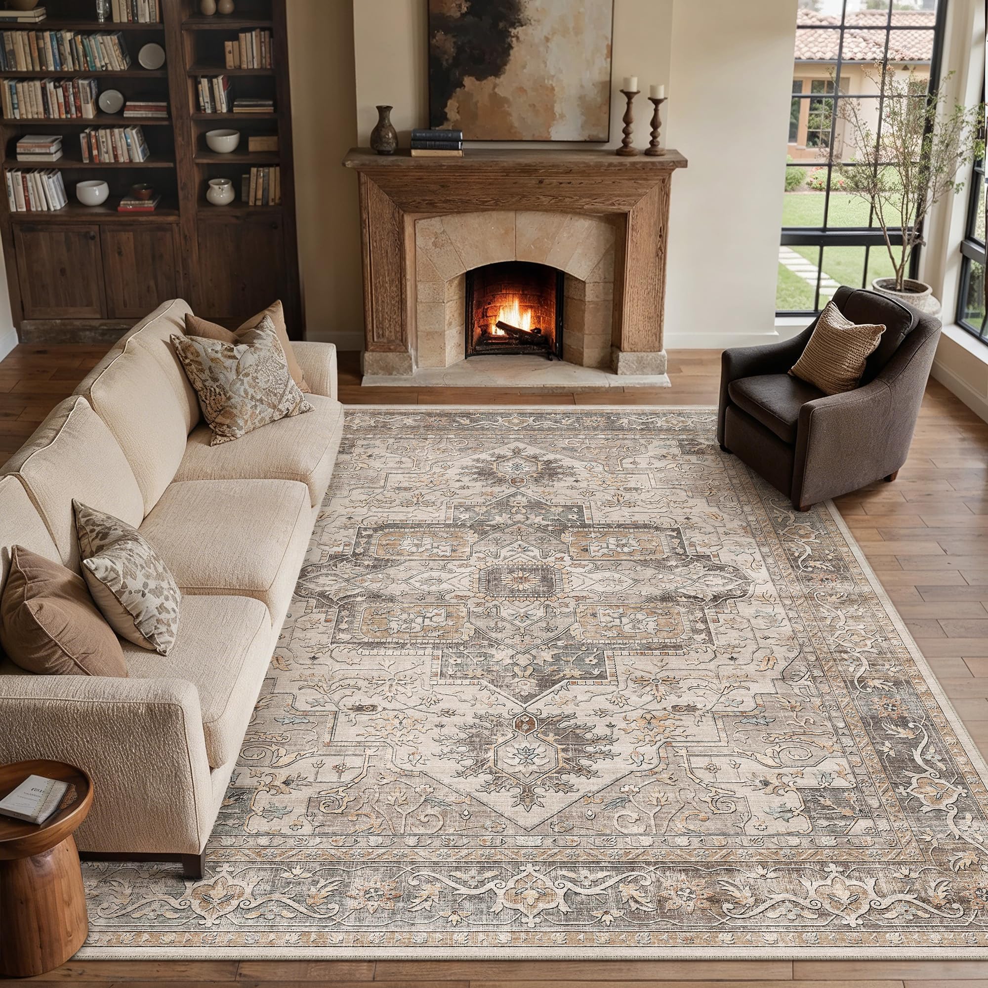 WondRg 8x10 Washable Vintage Area Rug Brown Oriental Living Room Bedroom Throw Rug Neutral Non Slip Soft Low Pile Carpet for Dining Room Office Nursery Indoor Image