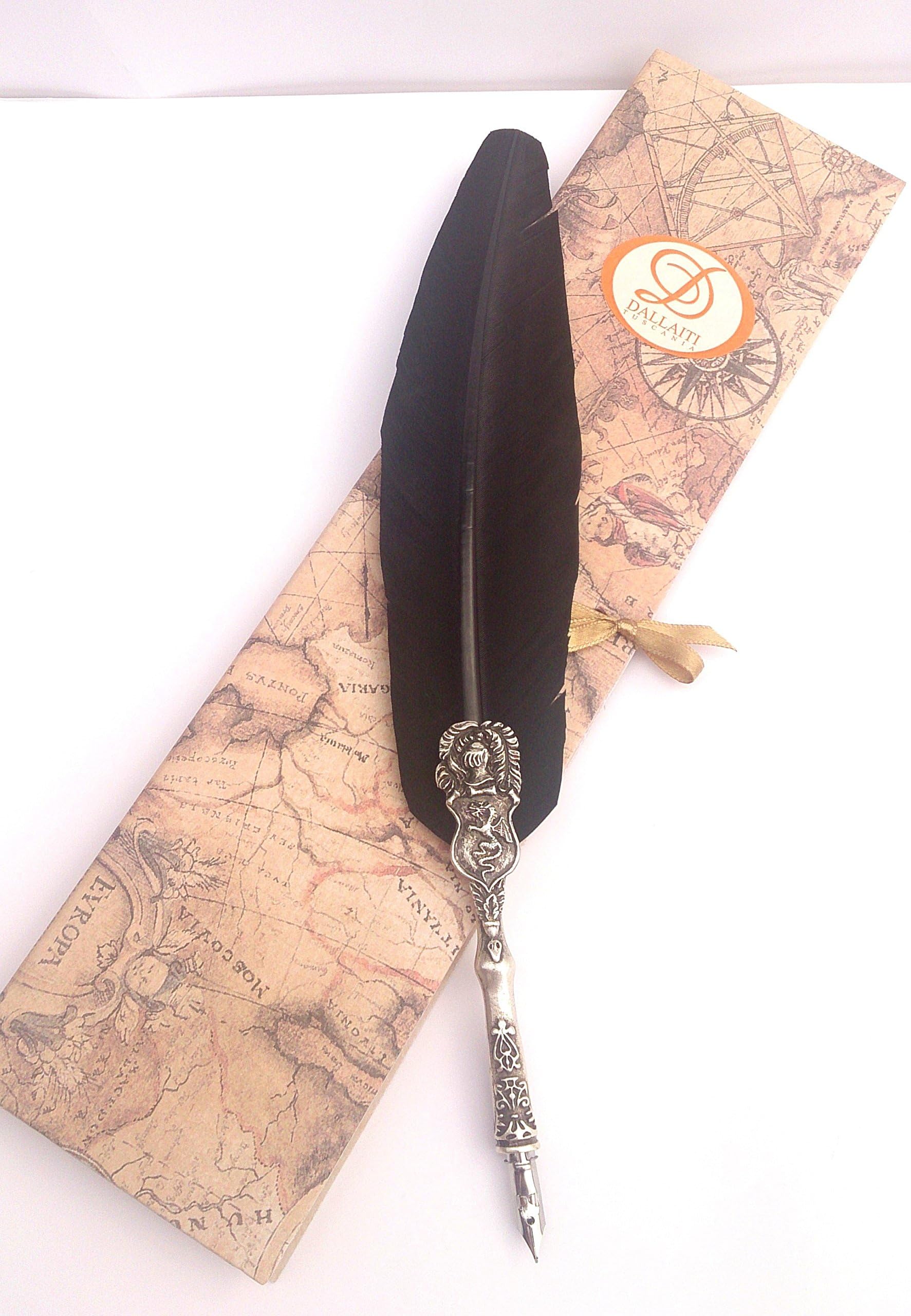 Calligraphy Nib Holder Decorated with Dragon with Goose Feather Black
