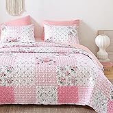 YIKUSH Quilt Sets Queen Size Floral Quilt Set 3 Pieces Bedding Set Bedspreads Pink Comforter Blanket with 2 Pillow Cases- Ultra Soft Floral Coverlet with Printed Pattern 90in.x 90in