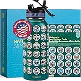 WANDERSTATE National Parks Water Bottle with 63 Waterproof Stickers - Gift-Ready Packaging + 2 Lids - 32oz Leakproof Insulated Stainless Steel with Straw - National Parks Gift Set (Green)